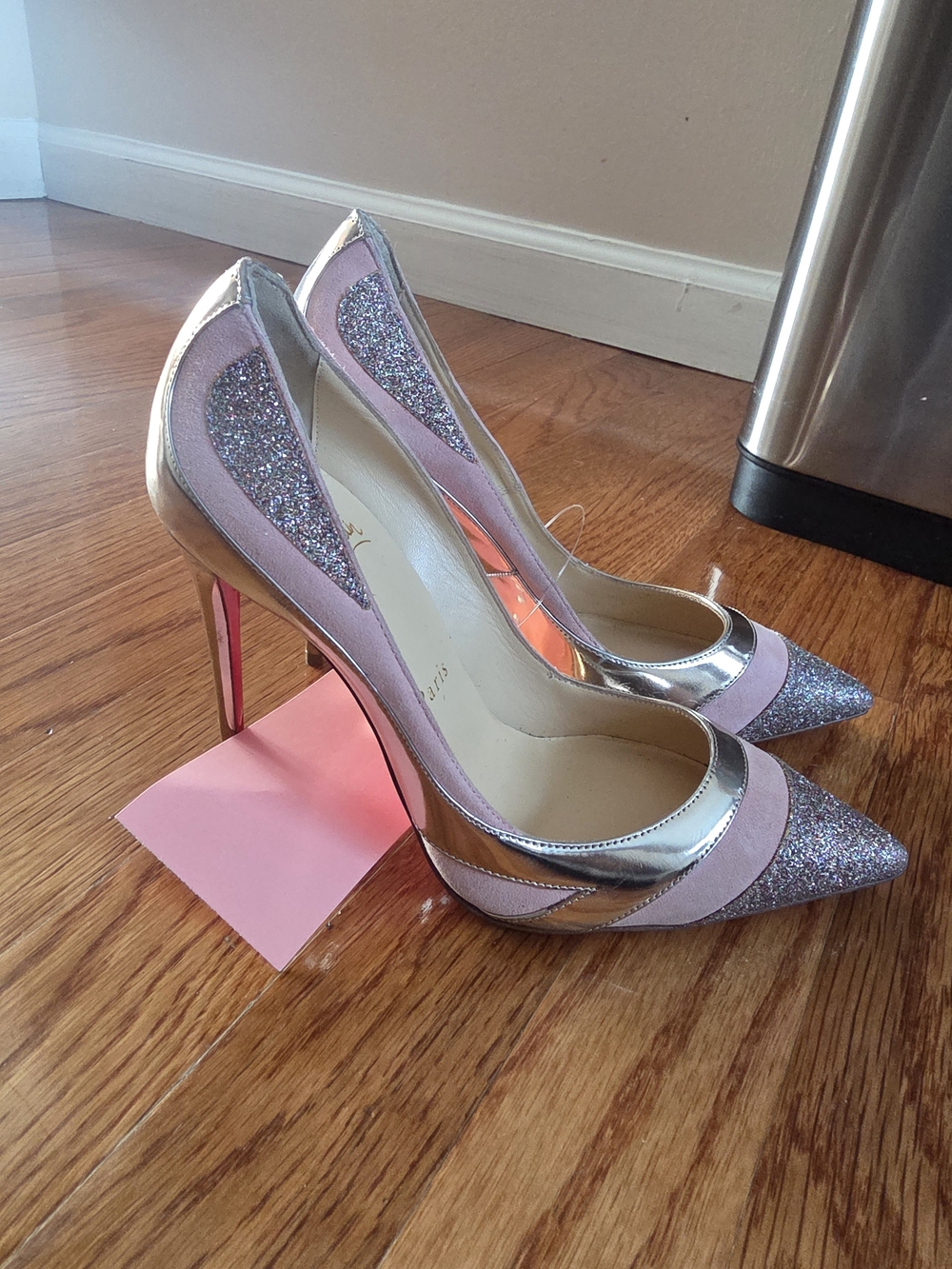 Christian Louboutin Pink Glitter and Silver Pointed-Toe Pumps